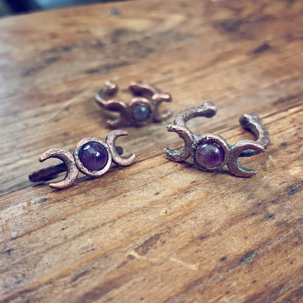 triple goddess // chunky electroformed copper moon phases and gemstone adjustable gap rings - amethyst - by Peacock & Lime