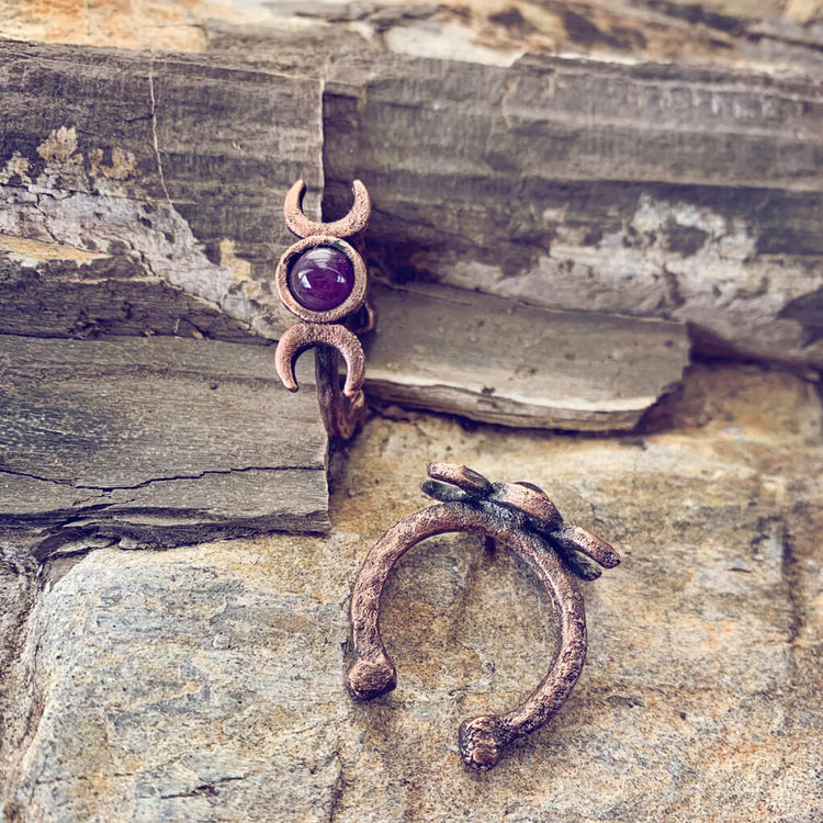 triple goddess // chunky electroformed copper moon phases and gemstone adjustable gap rings - amethyst - by Peacock & Lime