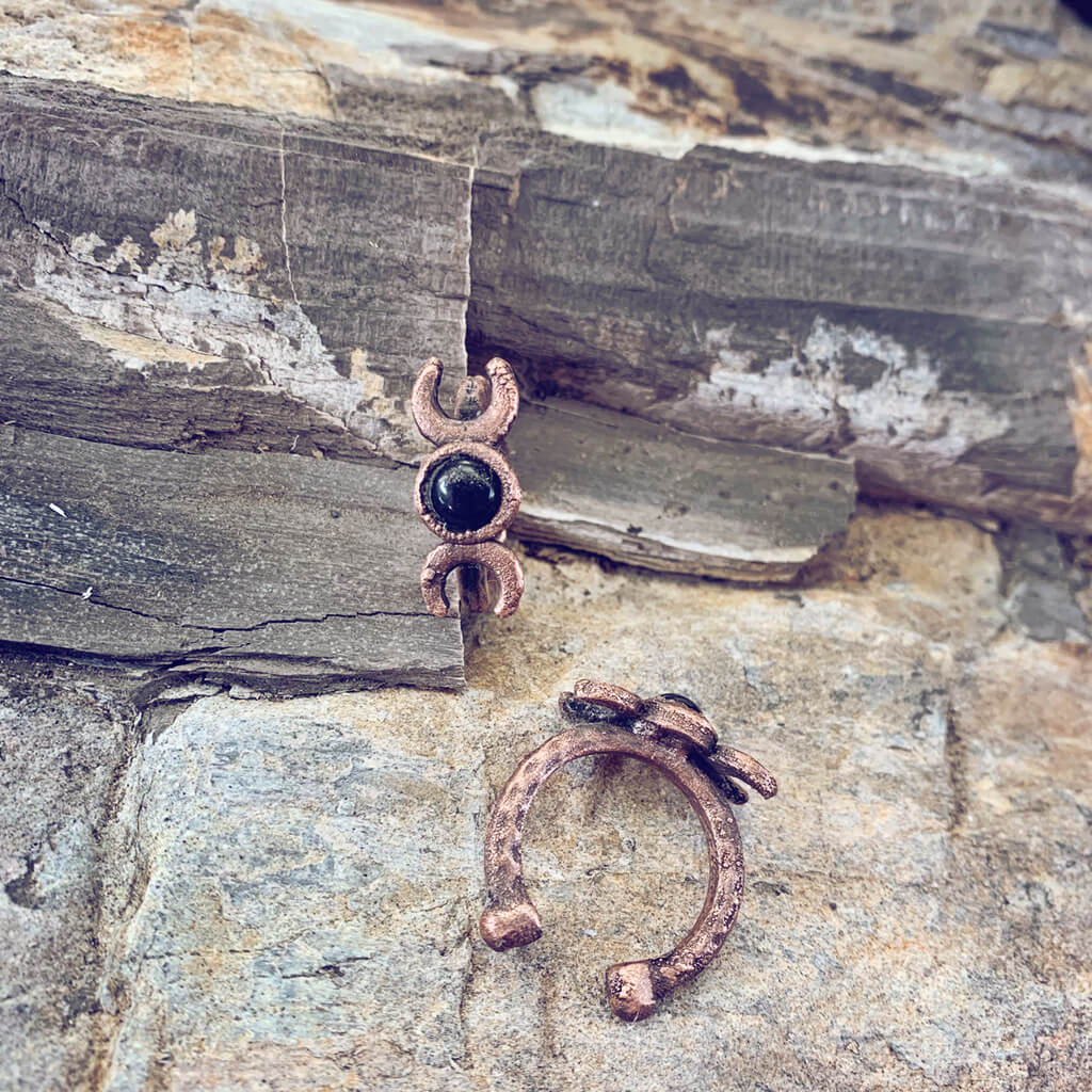 triple goddess // chunky electroformed copper moon phases and gemstone adjustable gap rings - black agate - by Peacock & Lime