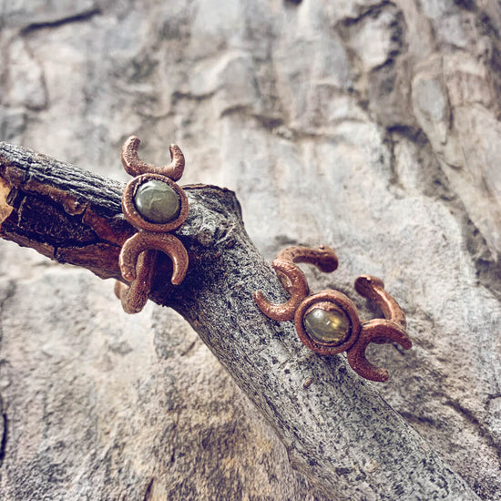 triple goddess // chunky electroformed copper moon phases and gemstone adjustable gap rings - labradorite - by Peacock & Lime