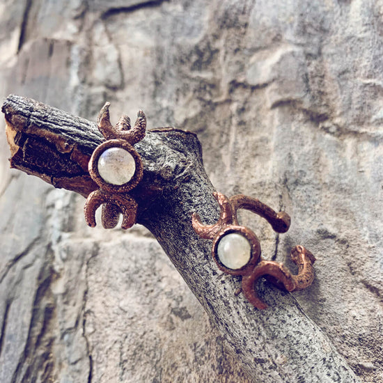 triple goddess // chunky electroformed copper moon phases and gemstone adjustable gap rings - moonstone - by Peacock & Lime