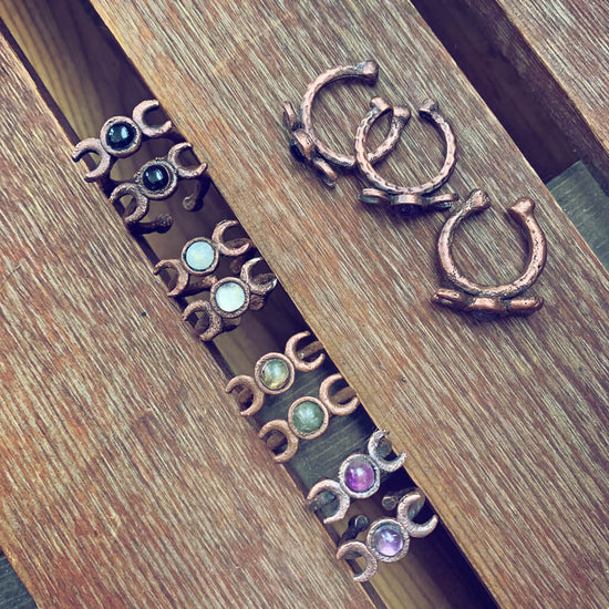 triple goddess // chunky electroformed copper moon phases and gemstone adjustable gap rings by Peacock & Lime