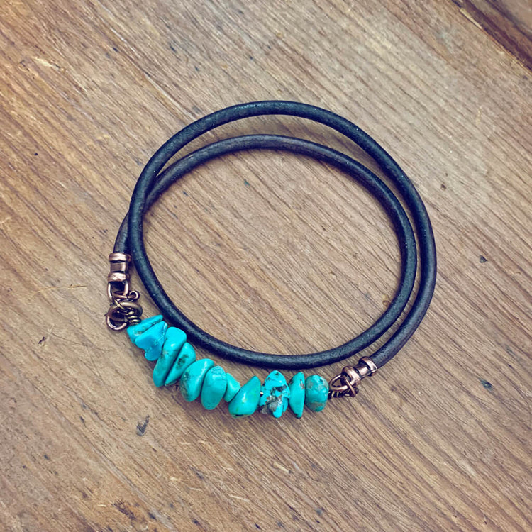 turquoise chip unisex leather wrap bracelet // choker - Peacock & Lime , the original Peacock and Lime boho jewelry