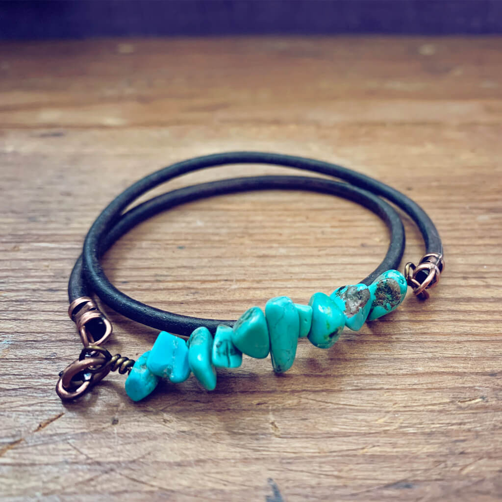 turquoise chip unisex leather wrap bracelet // choker - Peacock & Lime , the original Peacock and Lime boho jewelry