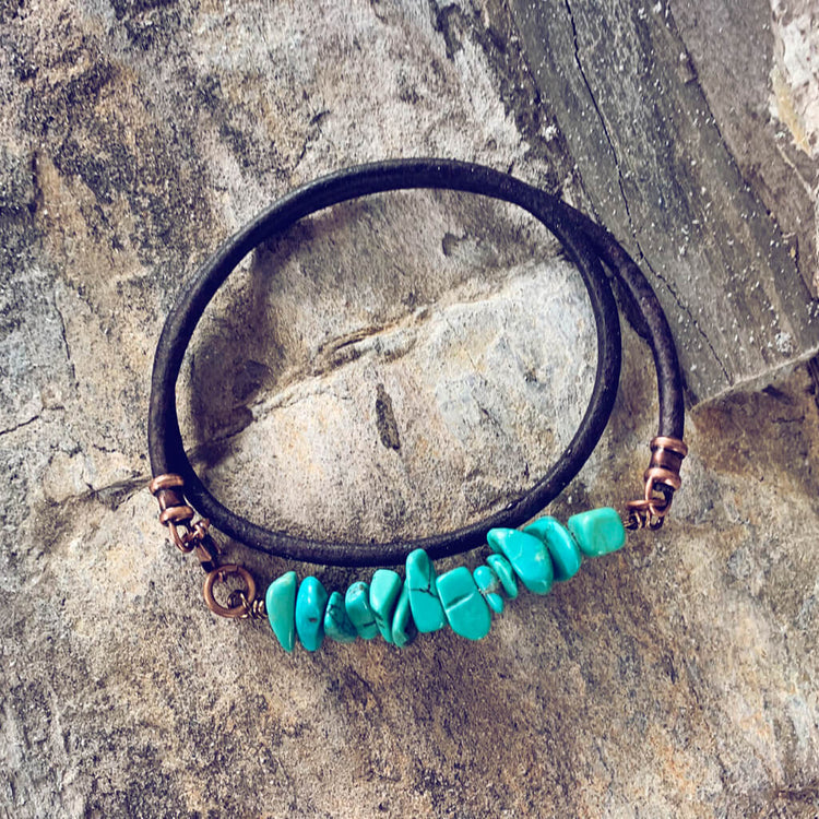 turquoise chip unisex leather wrap bracelet // choker - Peacock & Lime , the original Peacock and Lime boho jewelry