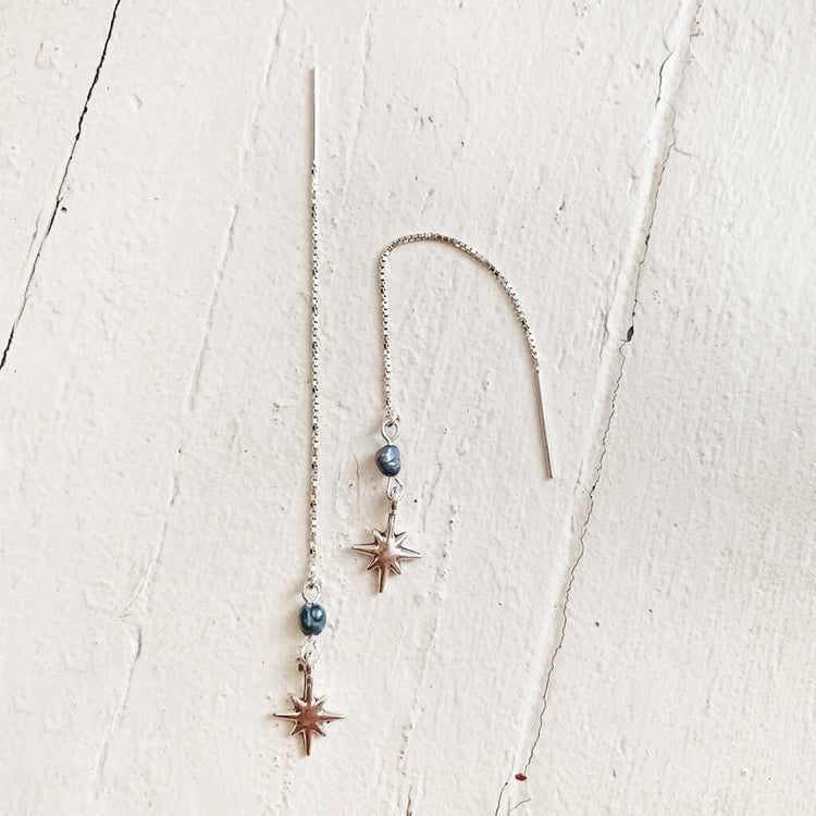 twilight star // sterling silver threader earrings with freshwater pearl & silver plated star - Peacock & Lime