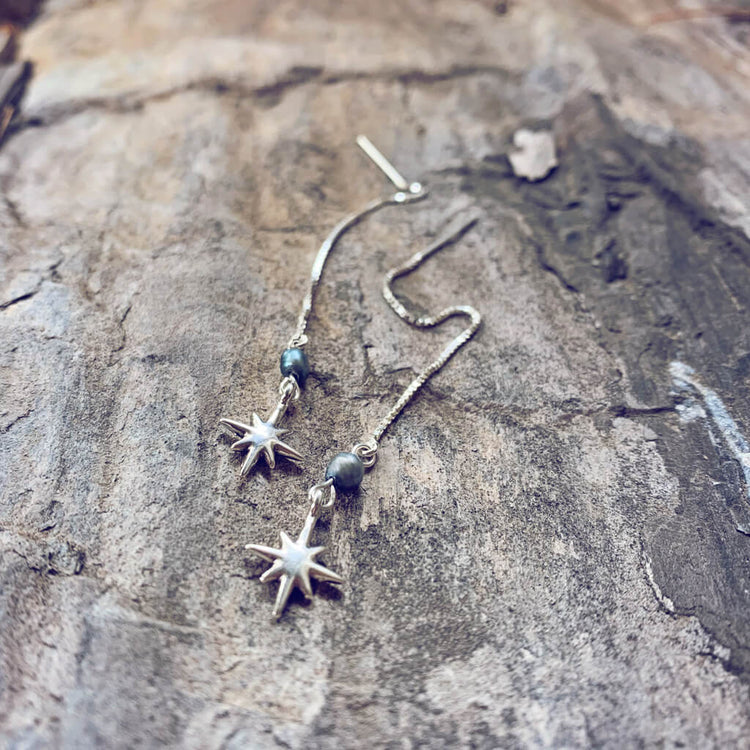 twilight star // sterling silver threader earrings with freshwater pearl & silver plated star - Peacock & Lime