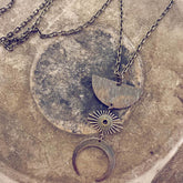 umbra // antiqued half moon, sunburst & crescent moon boho brass necklace - Peacock & Lime , the original Peacock and Lime boho jewelry