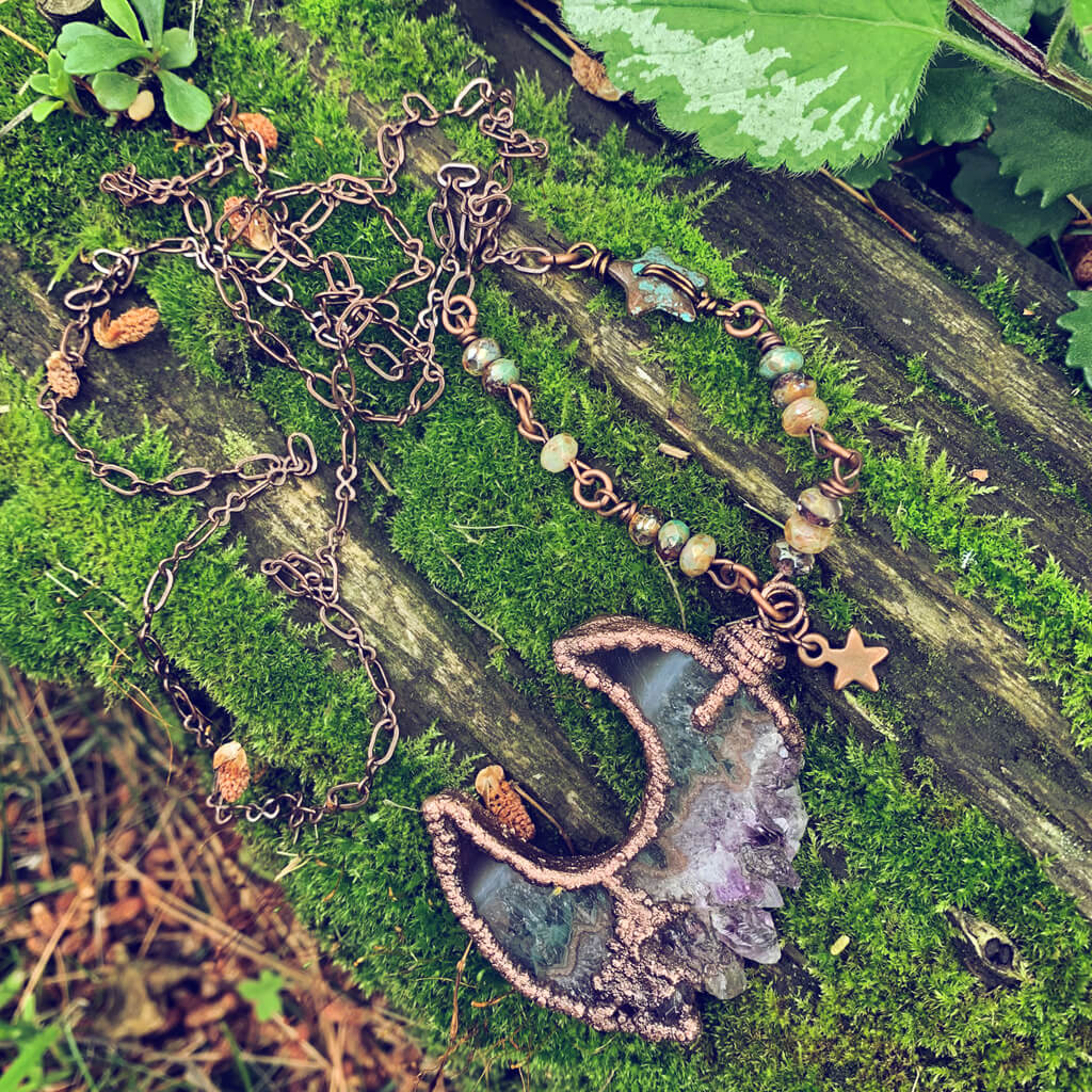 under an amethyst moon - Luna - copper electroformed crescent moon amethyst slice bohemian necklace - Peacock & Lime , the original Peacock and Lime boho jewelry