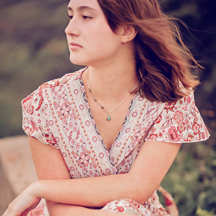 unity II - amazonite gemstone teardrop pendant necklace worn on model - Peacock & Lime