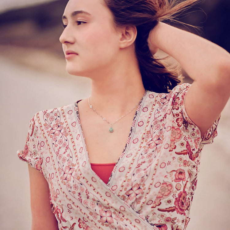 unity II - amazonite gemstone teardrop pendant necklace worn on model - Peacock & Lime