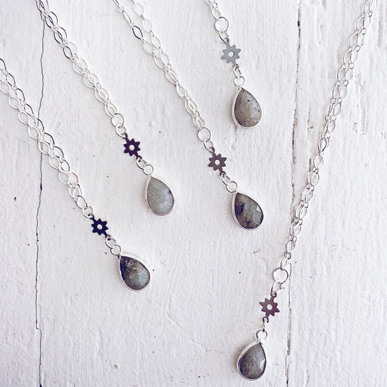 unity II - gemstone teardrop pendant necklaces - labradorite - Peacock & Lime