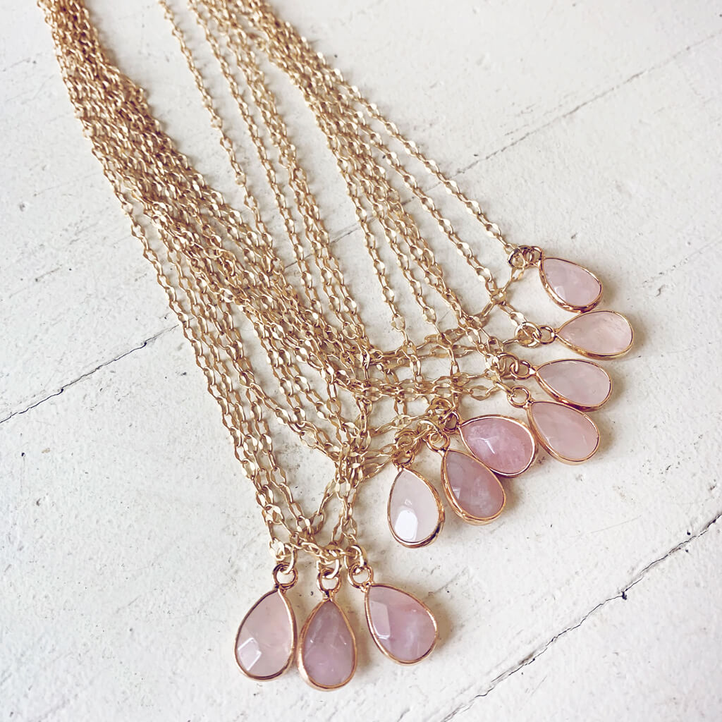 unity // rose quartz teardrop gemstone pendant necklaces by Peacock & Lime