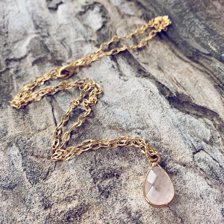unity // rose quartz teardrop gemstone pendant necklace by Peacock & Lime