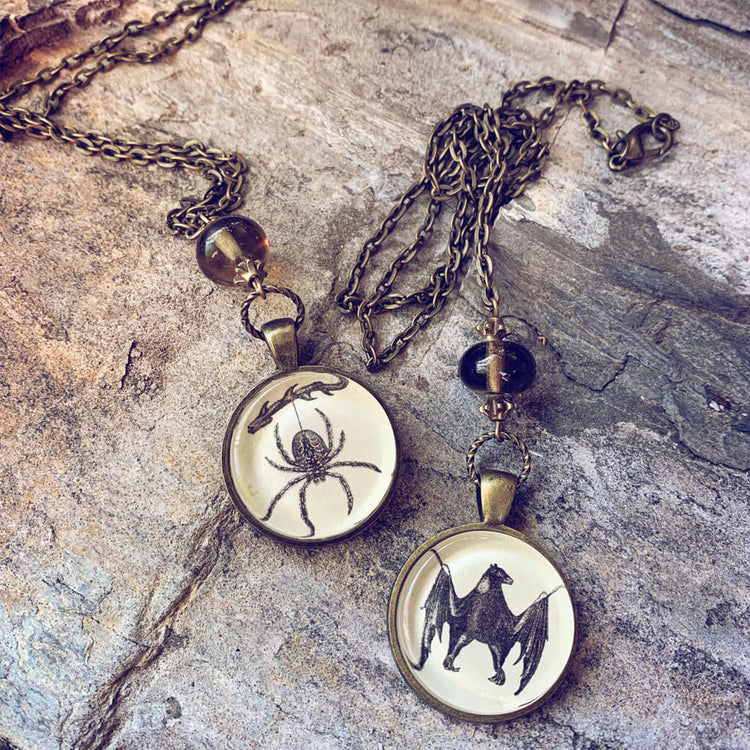 gothic // victorian-inspired antiqued brass spider or bat pendant necklace by Peacock and Lime