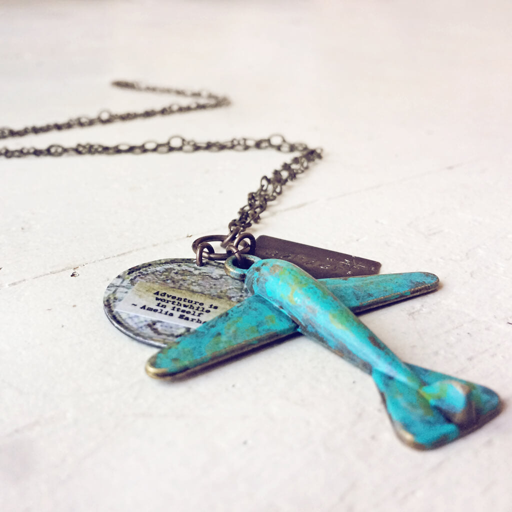 wander // distressed patina airplane, quote & map adventure necklace - Peacock & Lime