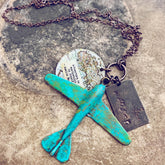 wander // distressed patina airplane, quote & map adventure necklace - Peacock & Lime