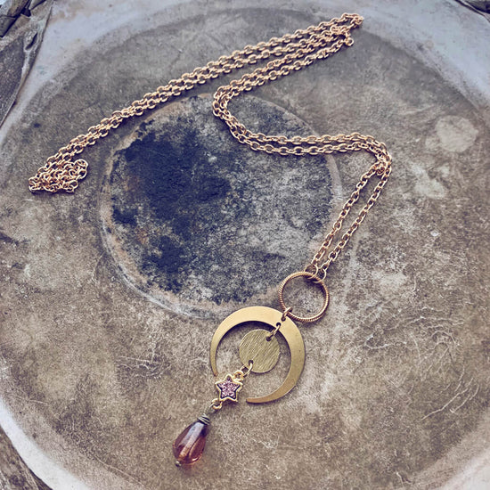 wanderstar crescent moon full moon pink druzy star and czech glass bead pendant necklace - Peacock & Lime , the original Peacock and Lime boho jewelry