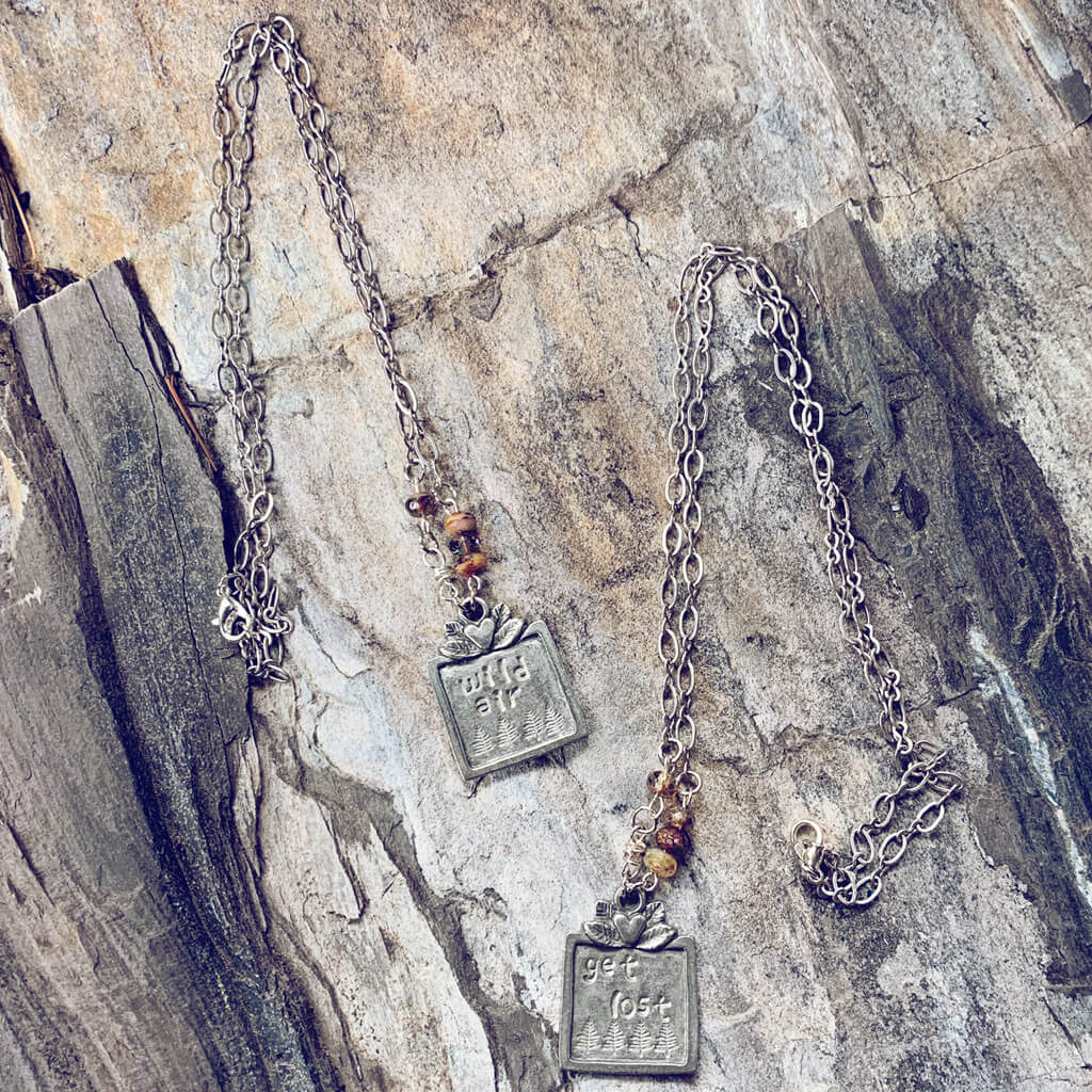 Get Lost or Wild Air pewter handstamped nature pendant necklaces - Peacock & Lime