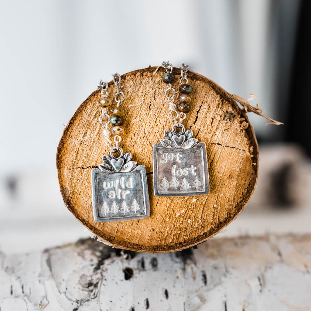 Get Lost or Wild Air pewter handstamped nature pendant necklaces - Peacock & Lime