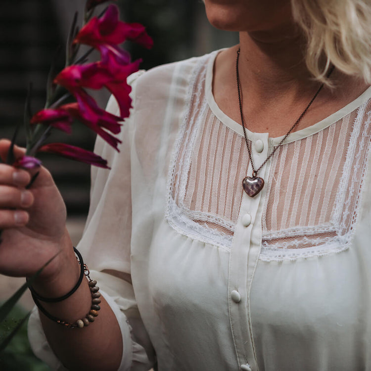 wild at heart // copper electroformed amethyst chip heart pendant necklace worn on model Beth by Peacock & Lime