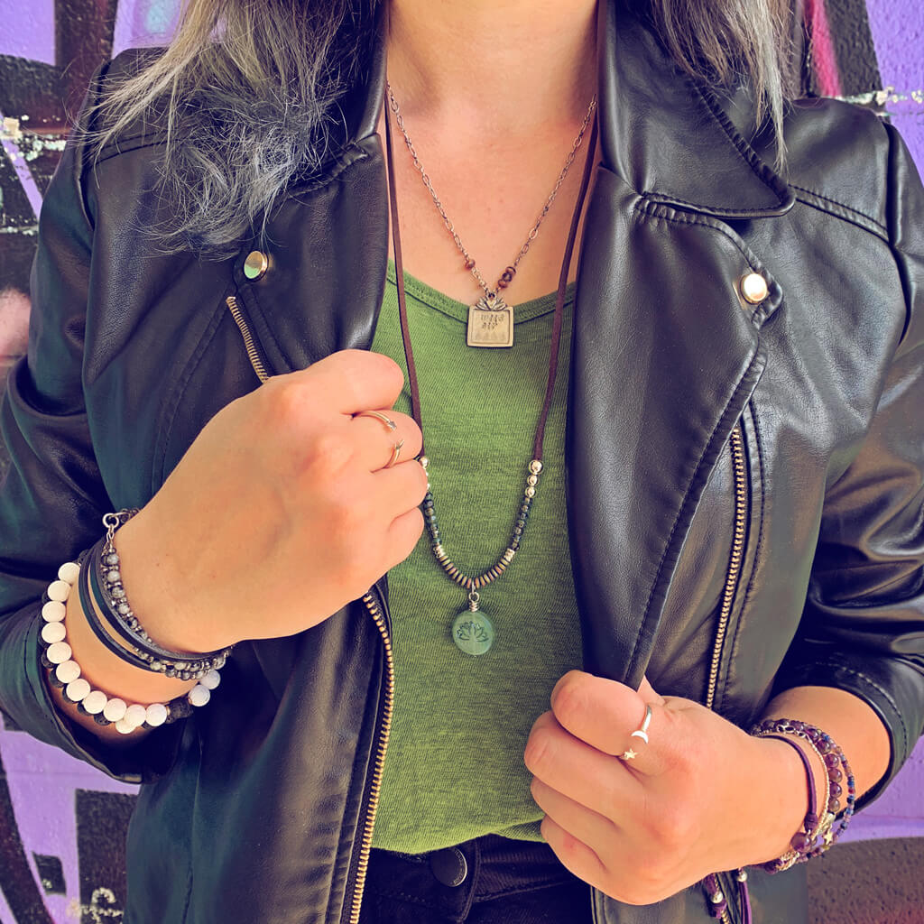 Get Lost or Wild Air pewter handstamped nature pendant necklace - wild air worn by model Nikta - Peacock & Lime
