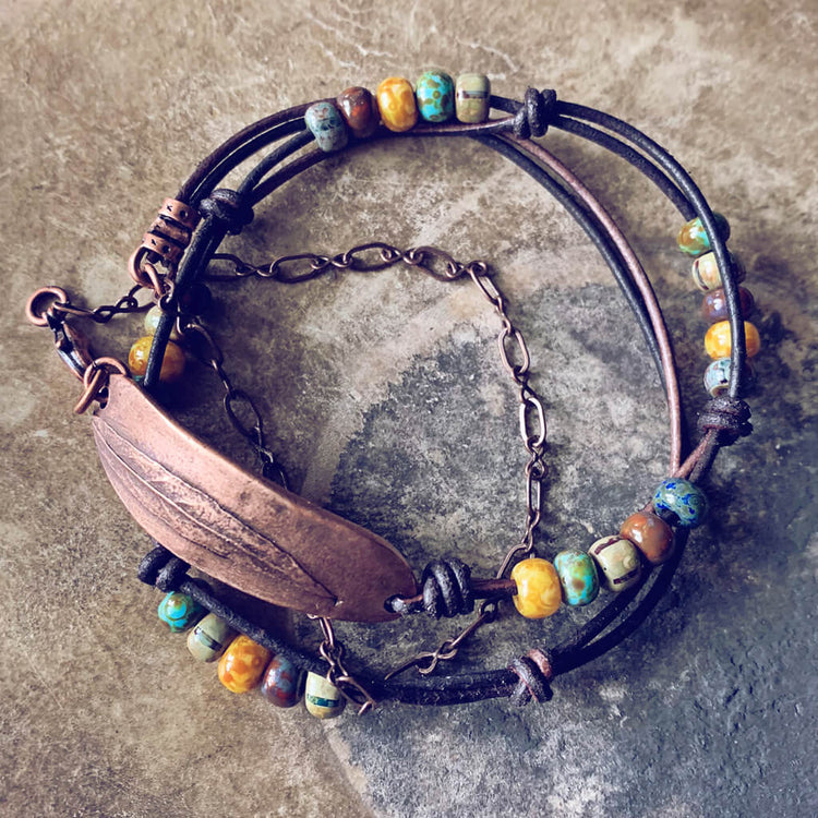 willow leaf // pewter leather, bead and chain wrap bracelet - copper - Peacock & Lime