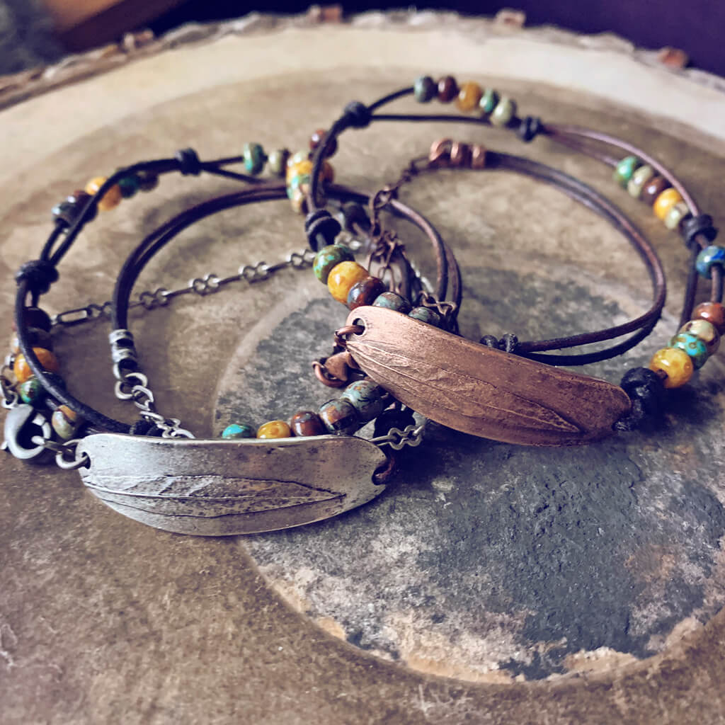willow leaf // pewter leather, bead and chain wrap bracelets - Peacock & Lime