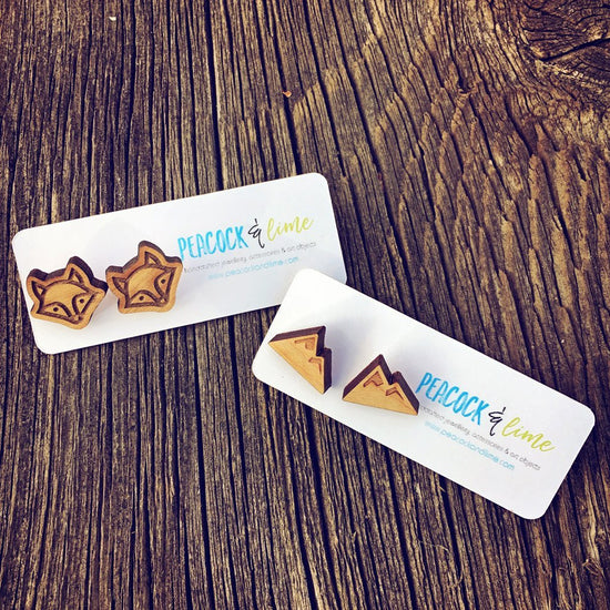 mini wood mountain or woodland fox stud earrings - Peacock & Lime , the original Peacock and Lime boho jewelry