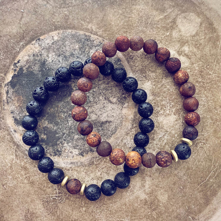 yin and yang // camel agate, lava rock and hematite bead bracelet set - Peacock & Lime