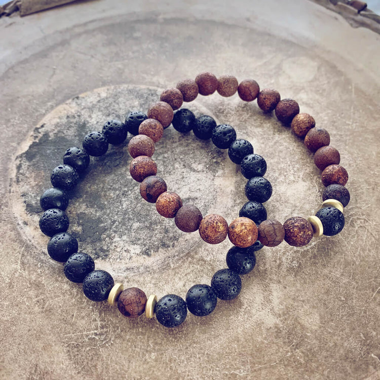 yin and yang // camel agate, lava rock and hematite bead bracelet set - Peacock & Lime