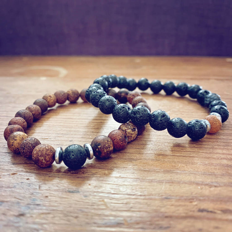 yin and yang // camel agate, lava rock and hematite bead bracelet set - Peacock & Lime