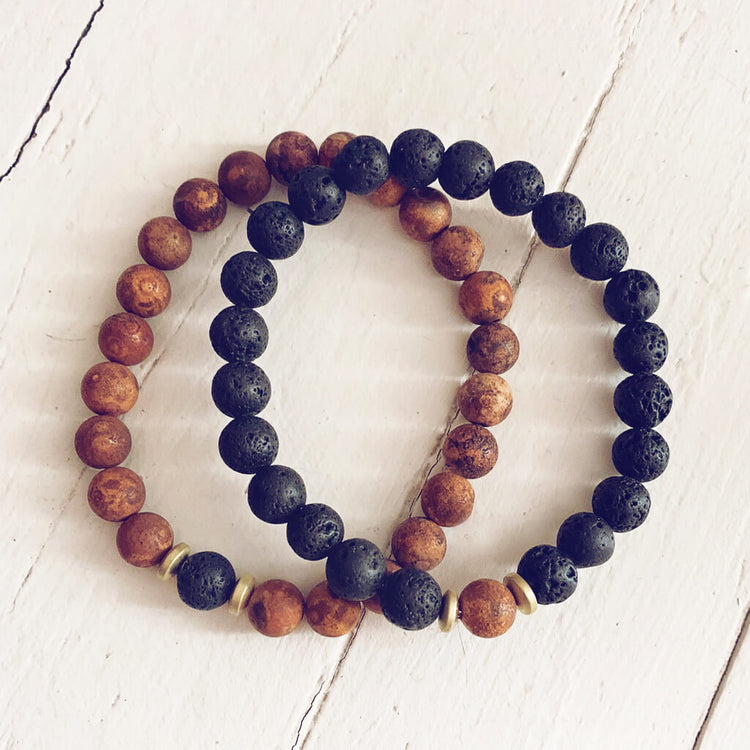 yin and yang // camel agate, lava rock and hematite bead bracelet set - Peacock & Lime