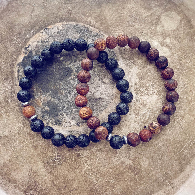 yin and yang // camel agate, lava rock and hematite bead bracelet set - Peacock & Lime