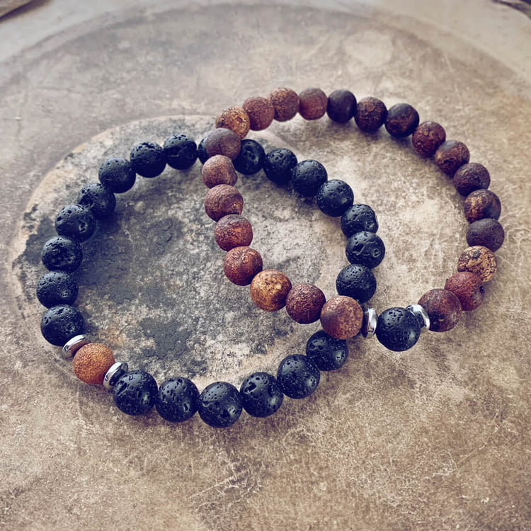 yin and yang // camel agate, lava rock and hematite bead bracelet set - Peacock & Lime