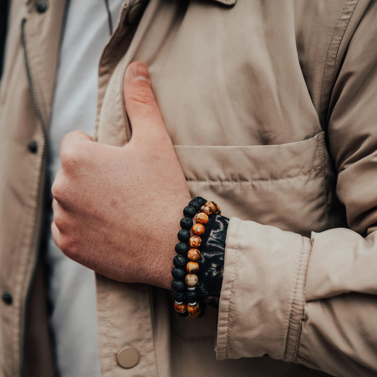 yin and yang // camel agate, lava rock and hematite bead bracelet set worn on model - Peacock & Lime