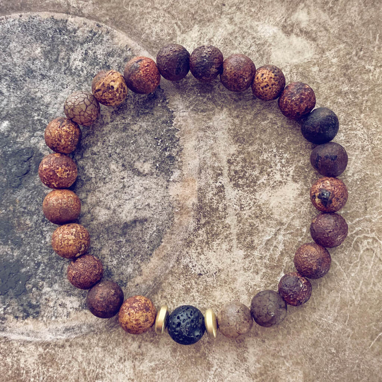 yin and yang // camel agate, lava rock and hematite bead bracelet - Peacock & Lime