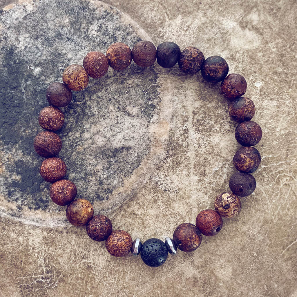 yin and yang // camel agate, lava rock and hematite bead bracelet - Peacock & Lime